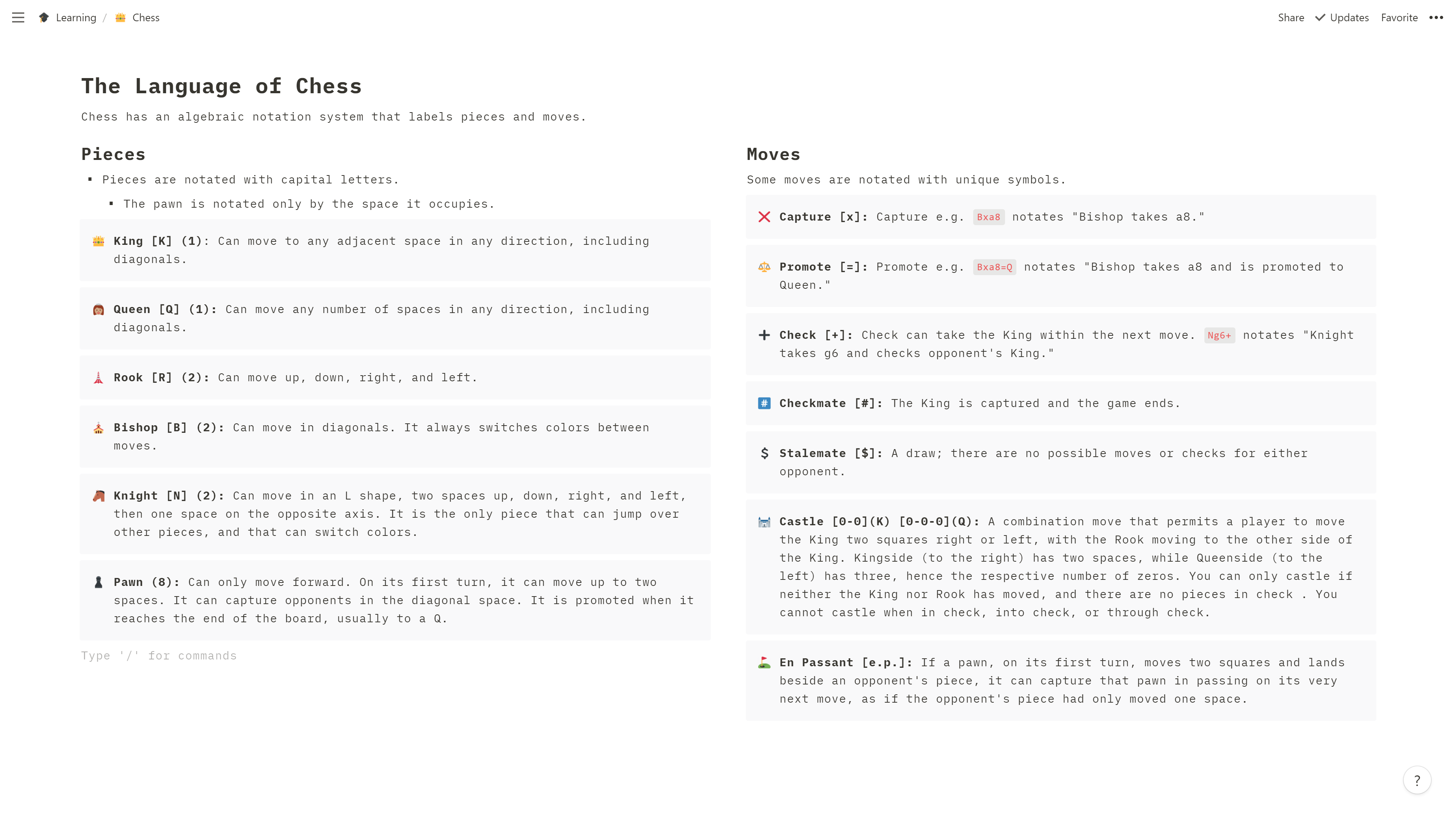 My notes about the algebraic notation of chess.